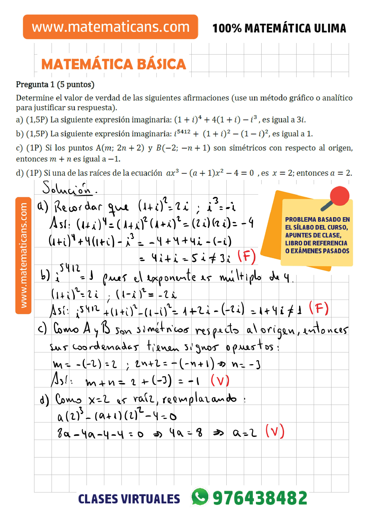 Números Complejos y Sistema Coordenado Solucionario Examen Matemática Básica ULIMA